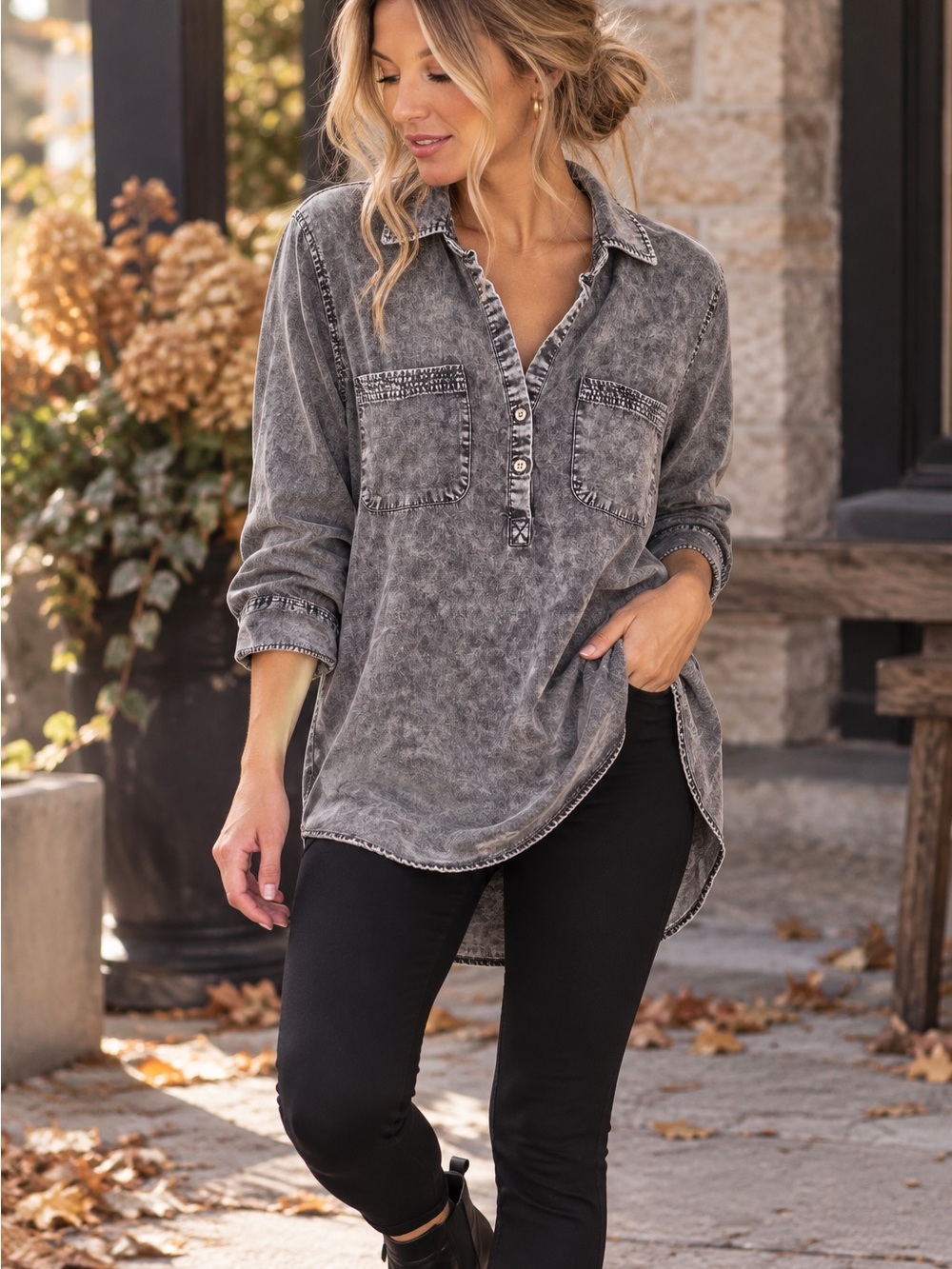 Soho Jeans Gray Acid Wash Chambray Pullover Shirt Tunic M